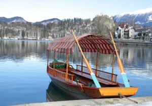 A pletna_traditional Slovenian boat_on Lake Bled